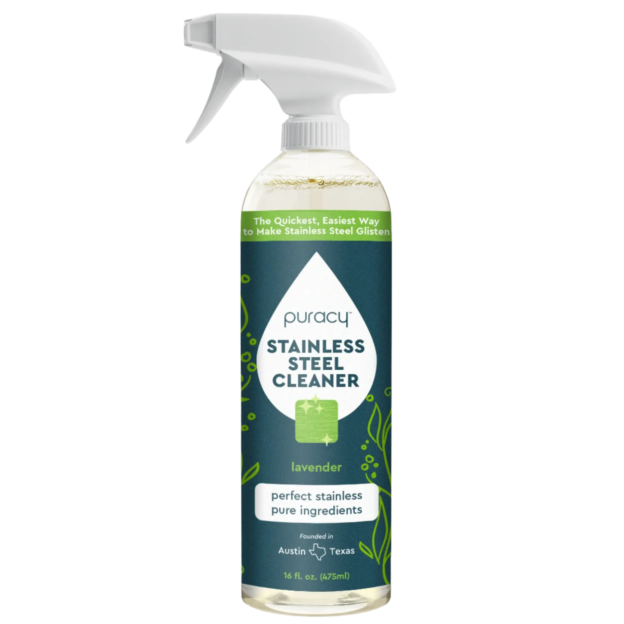 Puracy offers a lavender-scented stainless steel cleaner in a spray bottle, promising pure ingredients and a quick, easy way to make stainless steel glisten.
