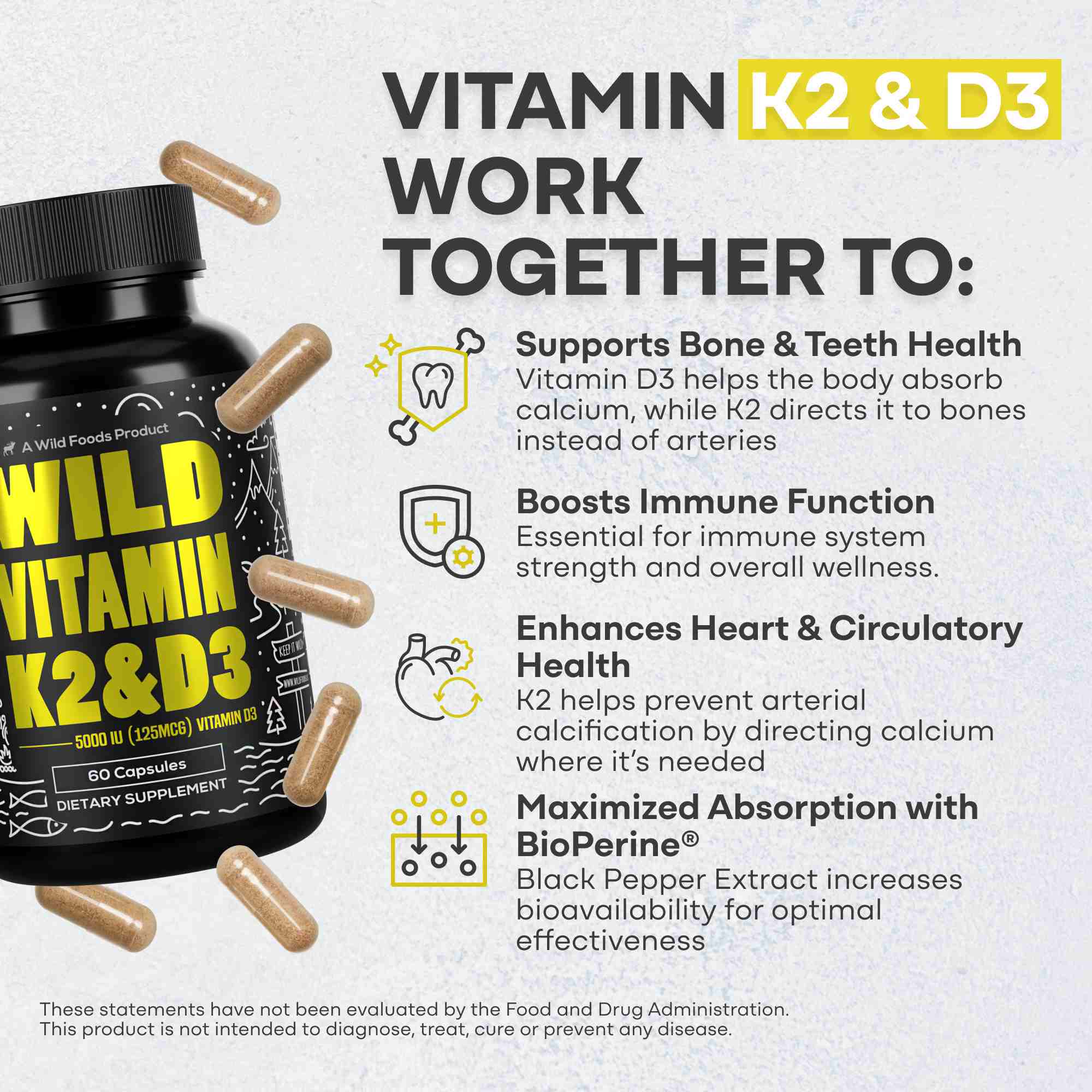 Vitamin K2 (MK-7) & Vitamin D3 (5000 IU) & Black Pepper Extract
