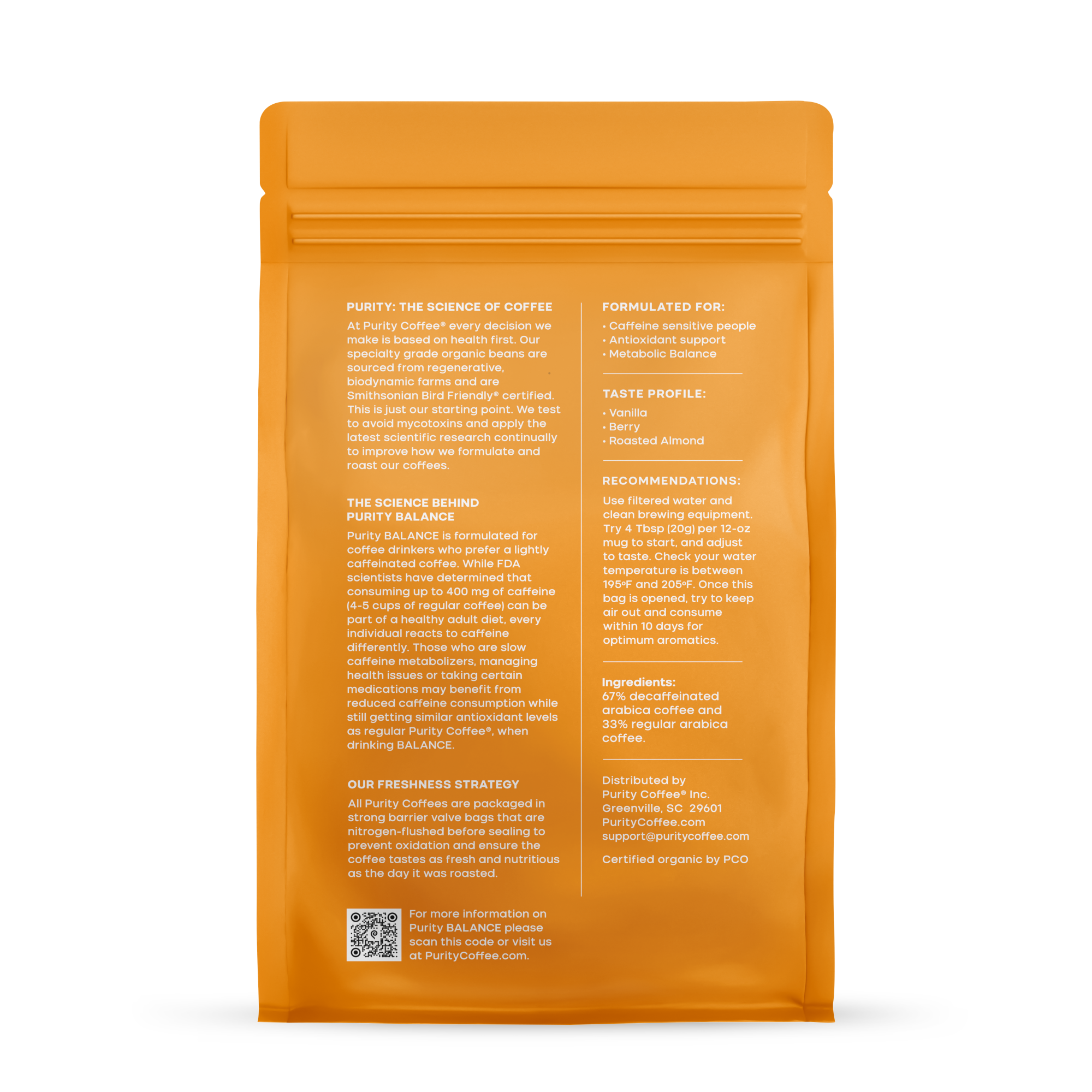 Purity Coffee advertises its Purity Balance blend, highlighting its formulation for caffeine-sensitive people and focus on antioxidant support and metabolic balance.
