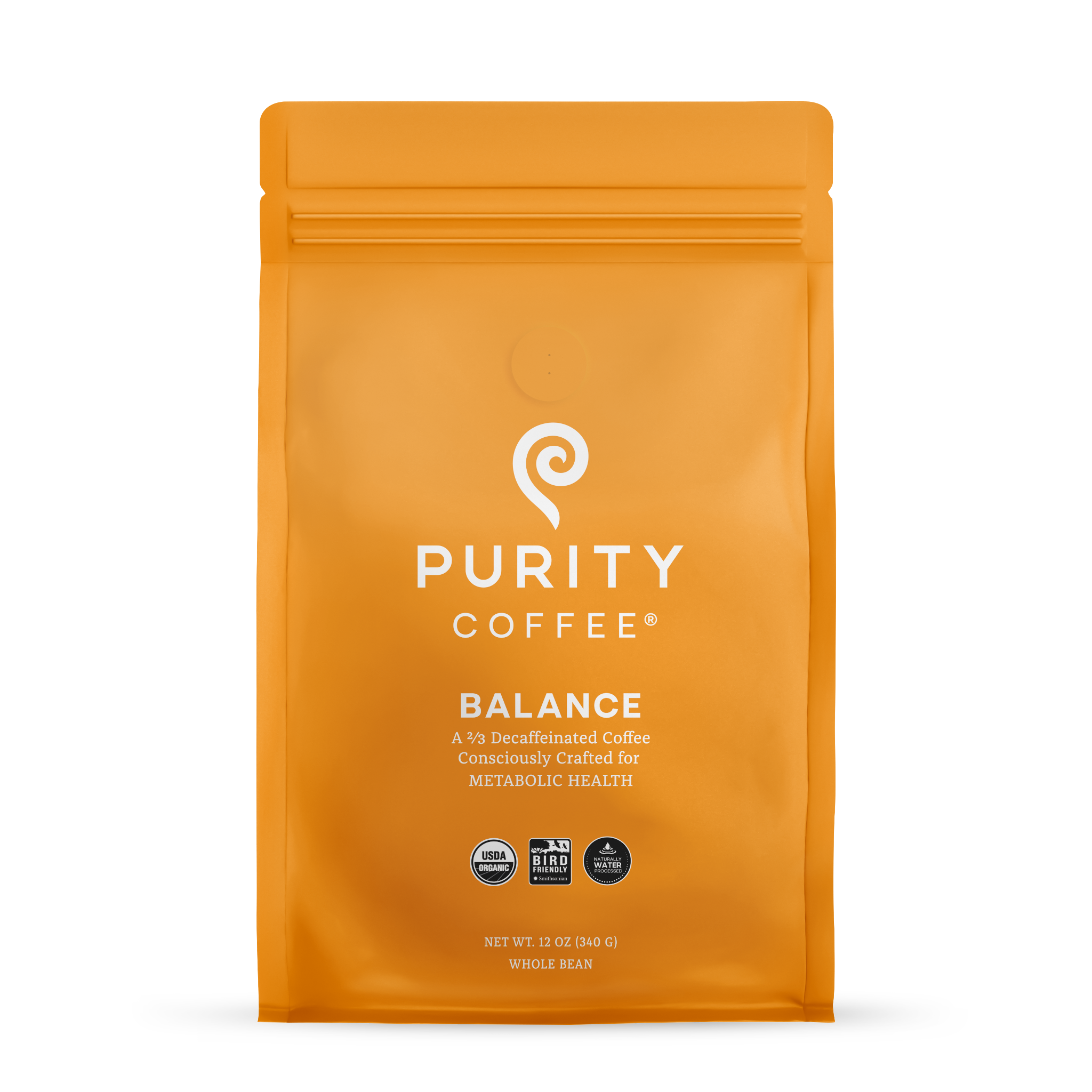Purity Coffee displays its Balance blend of two-thirds decaffeinated, USDA Organic, Bird Friendly whole bean coffee in a bright orange bag.
