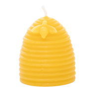 A yellow beeswax candle, shaped like a beehive and adorned with a small bee, stands ready to provide natural light.
