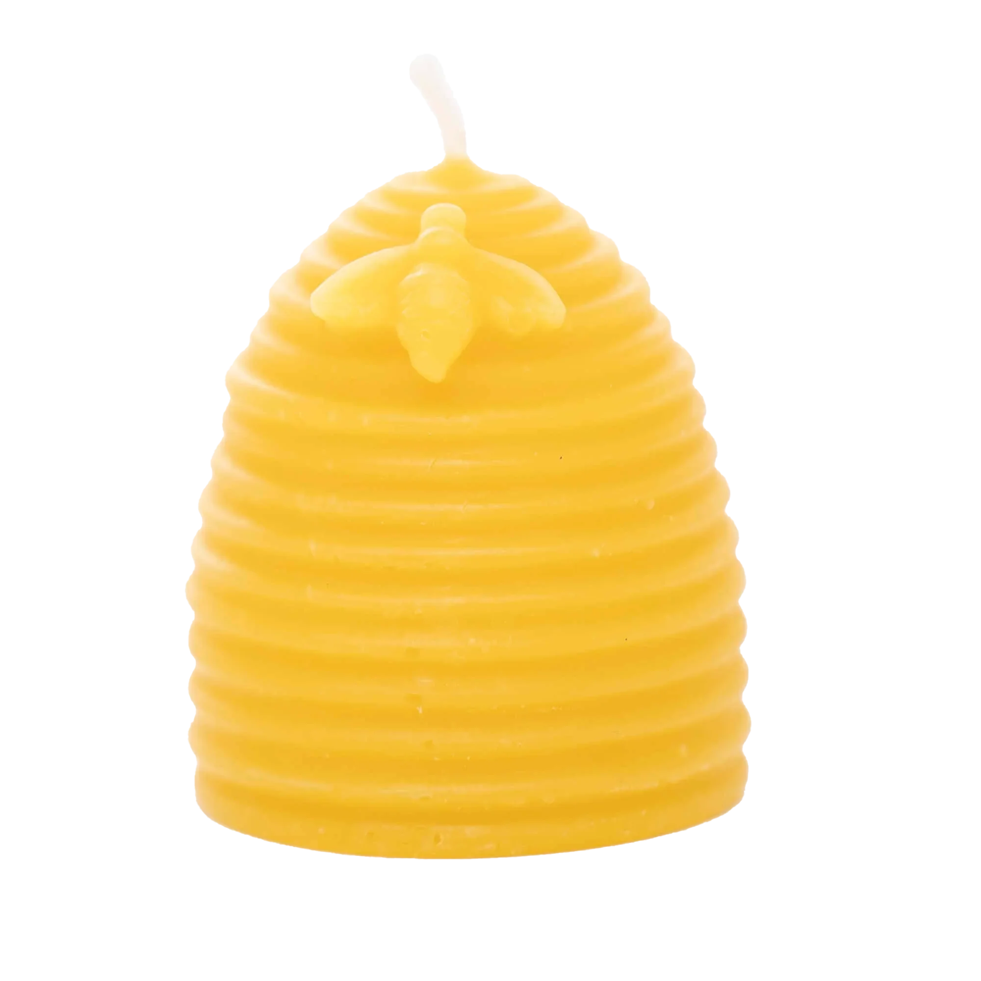A yellow beeswax candle, shaped like a beehive and adorned with a small bee, stands ready to provide natural light.
