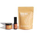 Showcase Urb. Apothecary's Masa Nopal Face Polish, Prickly Pear Elixir, and Cactus Milk Bath Soak against a bright white background.
