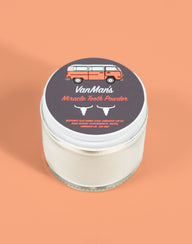 VanMan's Miracle Tooth Powder in a jar promises natural teeth cleaning with bentonite clay, baking soda, and grass-fed cattle bone derived hydroxyapatite.
