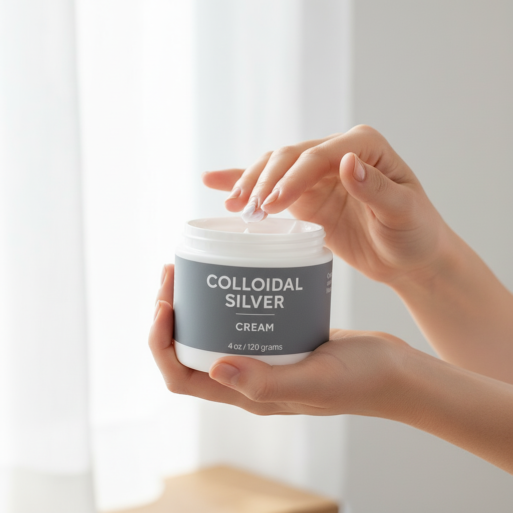 Person holding a jar of colloidal silver cream with a white background