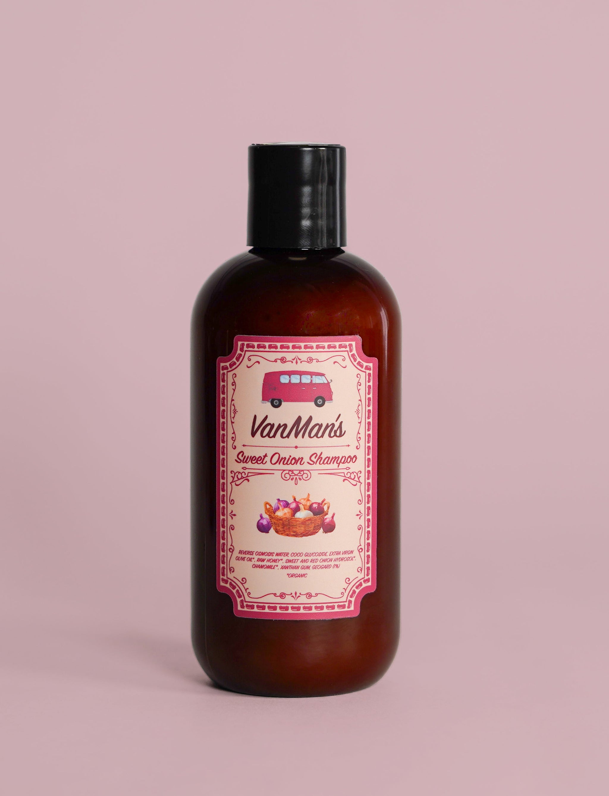 VanMan's Sweet Onion Shampoo bottle features a vintage label with a red van and onions in a basket.

