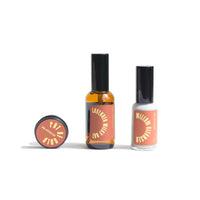 Showcase three URB.Apothecary skincare products: Pot of Gold balm, Lavender Milky Oat face oil, and Willow Cleanser.
