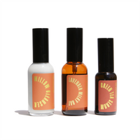 Three URB Apothecary skincare bottles display: Willow Cleanser, Lavender Milky Oat, and Green Tea Serum.
