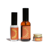 URB Apothecary showcases its Willow Cleanser, Sweetgrass Spray, and Solterra Tallow Vitamin C Balm in a minimalist skincare product display.
