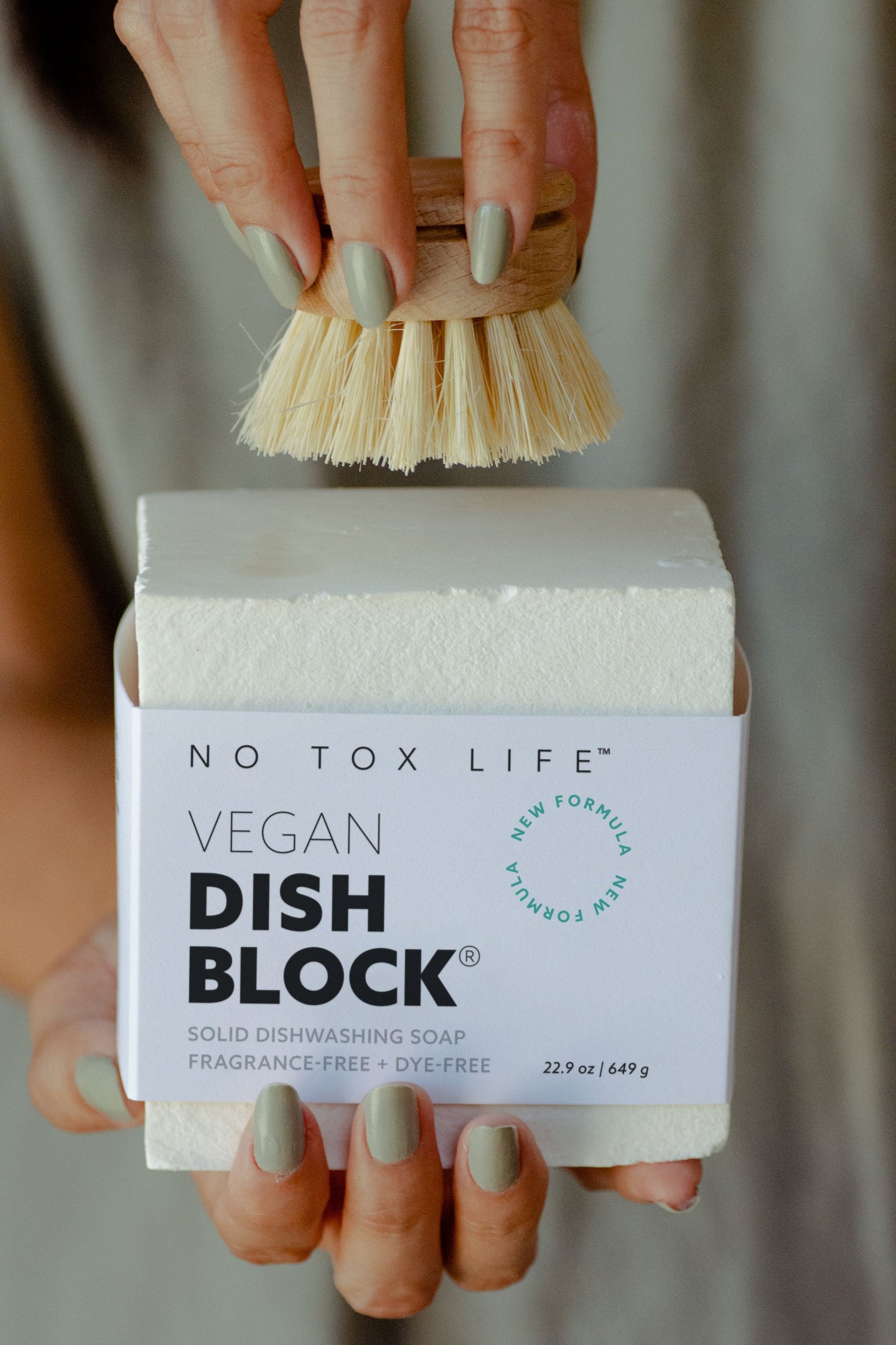 Vegan dish block with a brush held above it, labeled 'No Tox Life'.