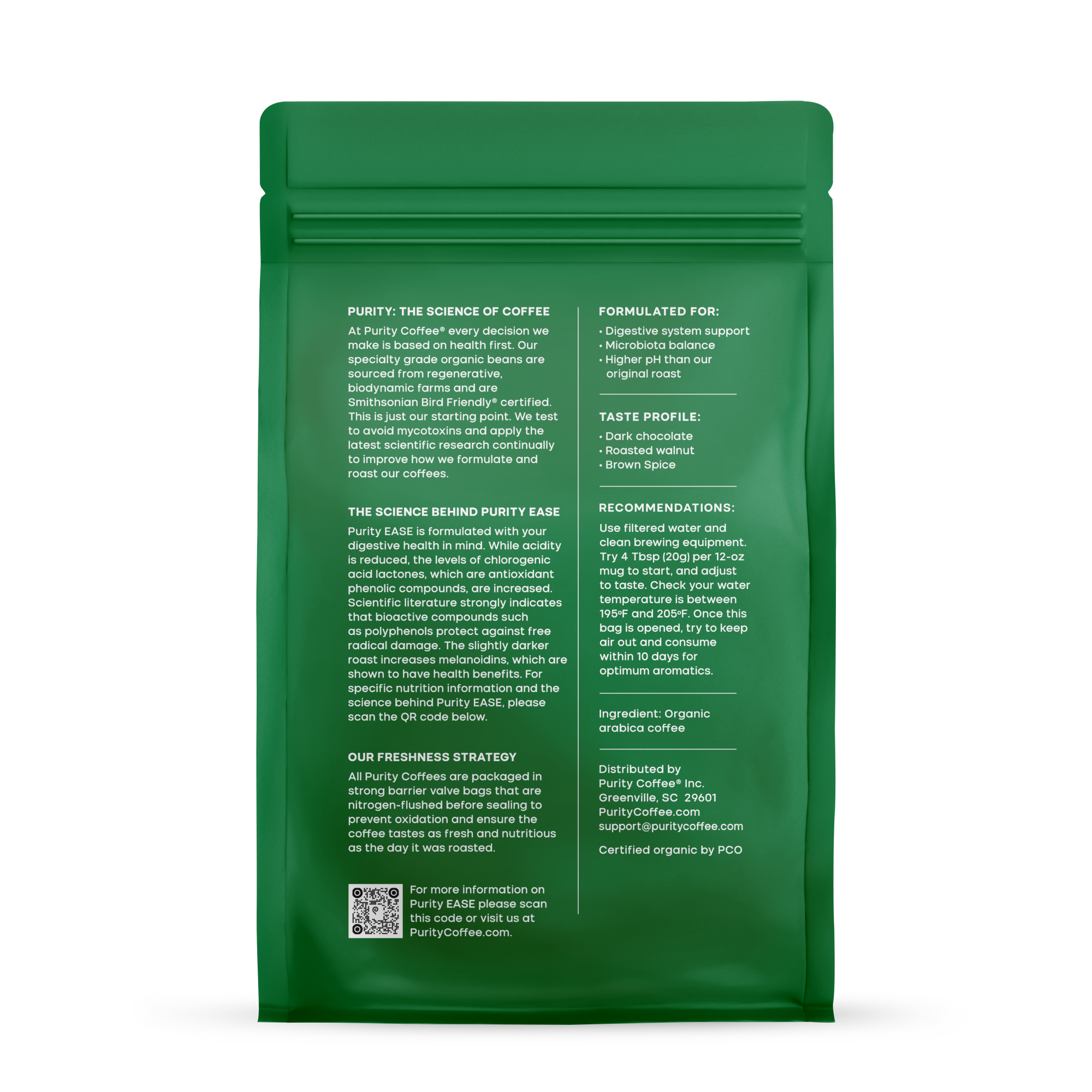 Purity Coffee details its organic arabica beans, health benefits, taste profile, and brewing recommendations on a green package.
