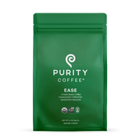 Showcases a green bag of Purity Coffee Ease, a dark roast ground coffee consciously crafted for digestive health.