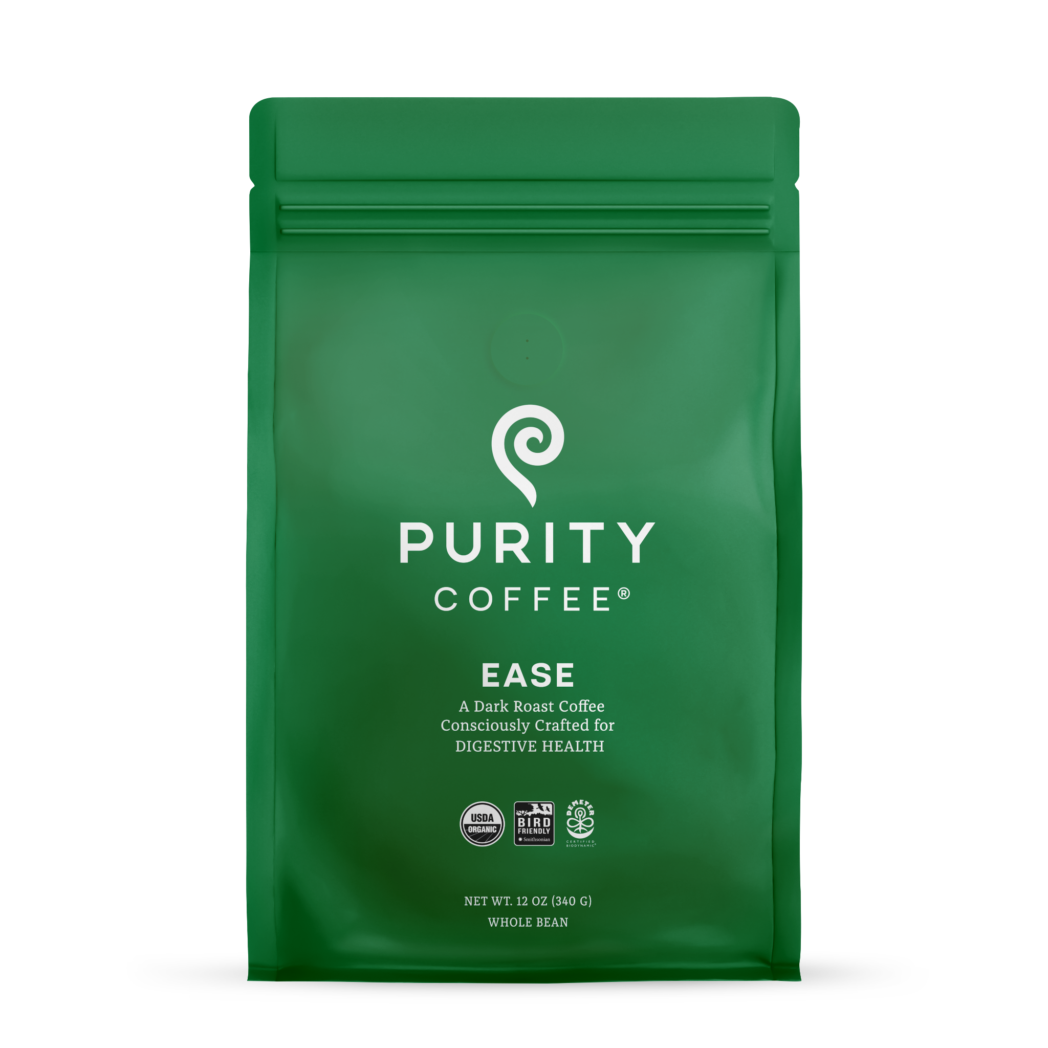 Purity Coffee advertises their "Ease" dark roast whole bean coffee, consciously crafted for digestive health, on a green USDA Organic and bird-friendly certified bag.