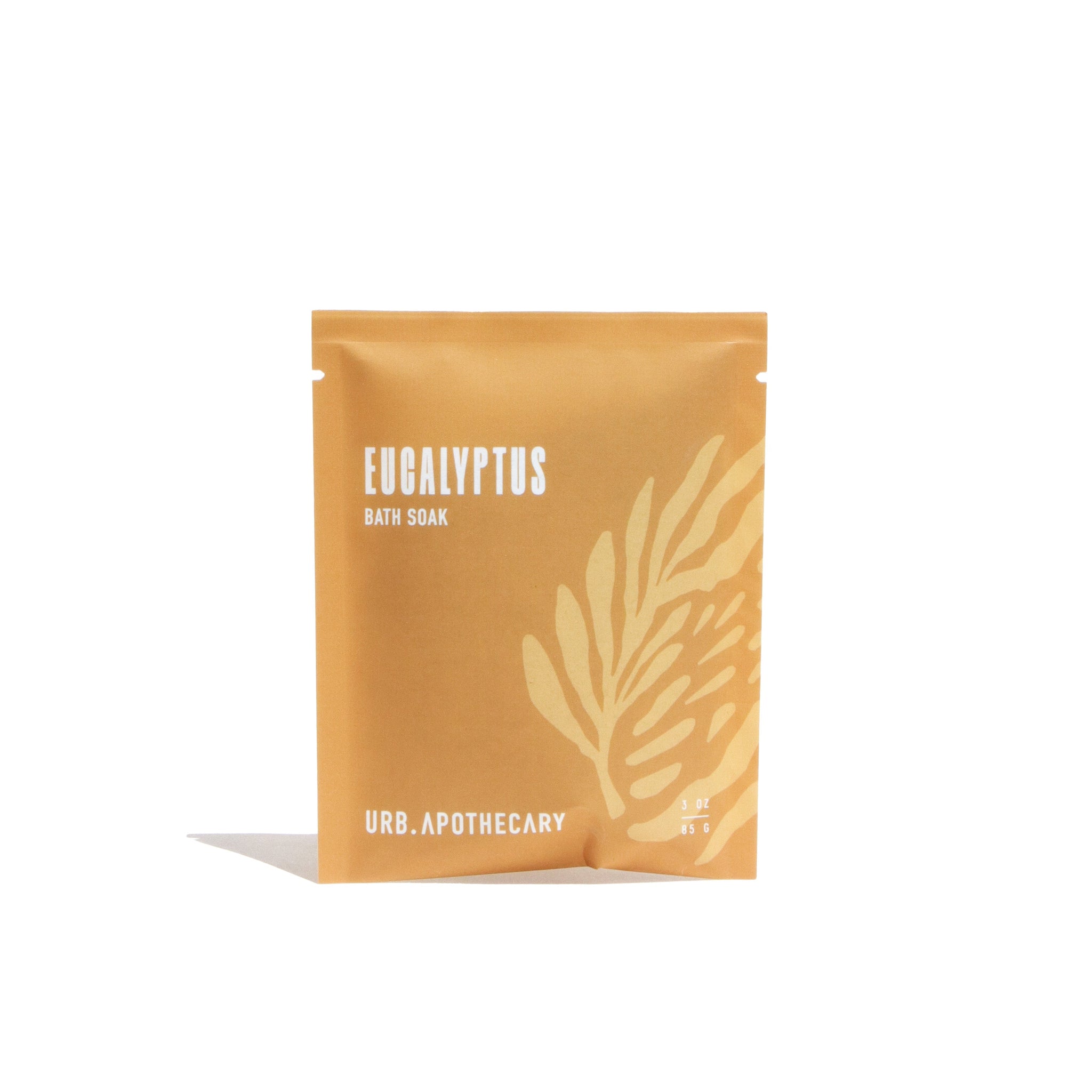 Urb.Apothecary sells its Eucalyptus bath soak in a tan pouch adorned with a stylized leaf.
