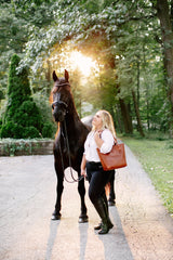 Woman walks her beautiful Friesian horse down a sunlit path.
