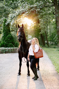 Woman walks her beautiful Friesian horse down a sunlit path.
