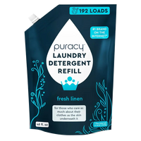 Puracy laundry detergent refill in a pouch promises 192 loads of fresh linen scent.
