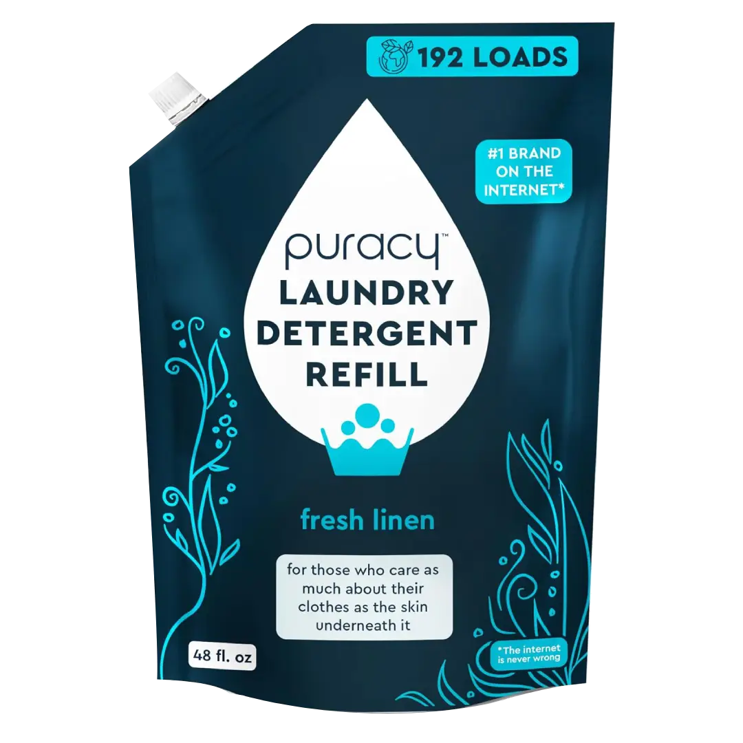 Puracy laundry detergent refill in a pouch promises 192 loads of fresh linen scent.
