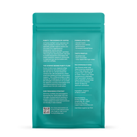 A teal bag showcases Purity Coffee FLOW, detailing its organic arabica coffee ingredients, health benefits, and brewing recommendations for optimum flavor.
