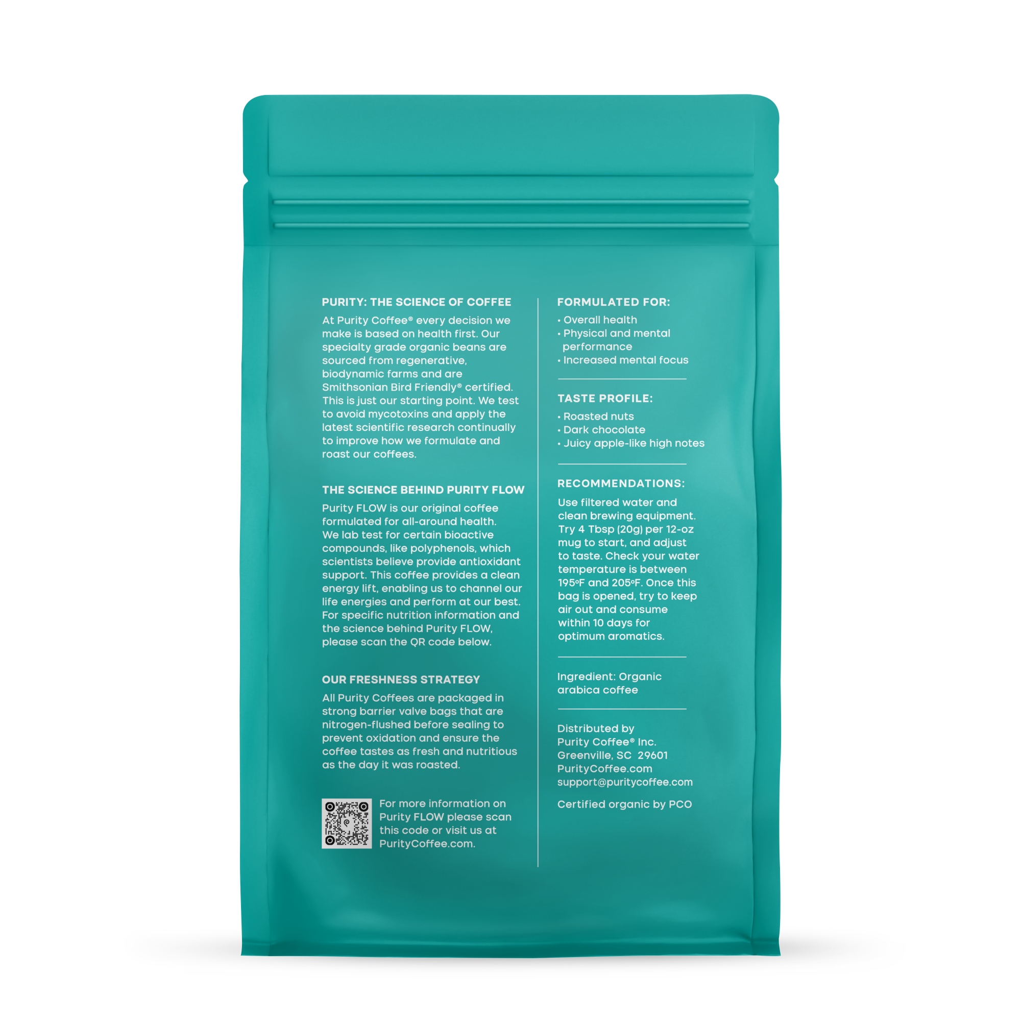A teal bag showcases Purity Coffee FLOW, detailing its organic arabica coffee ingredients, health benefits, and brewing recommendations for optimum flavor.
