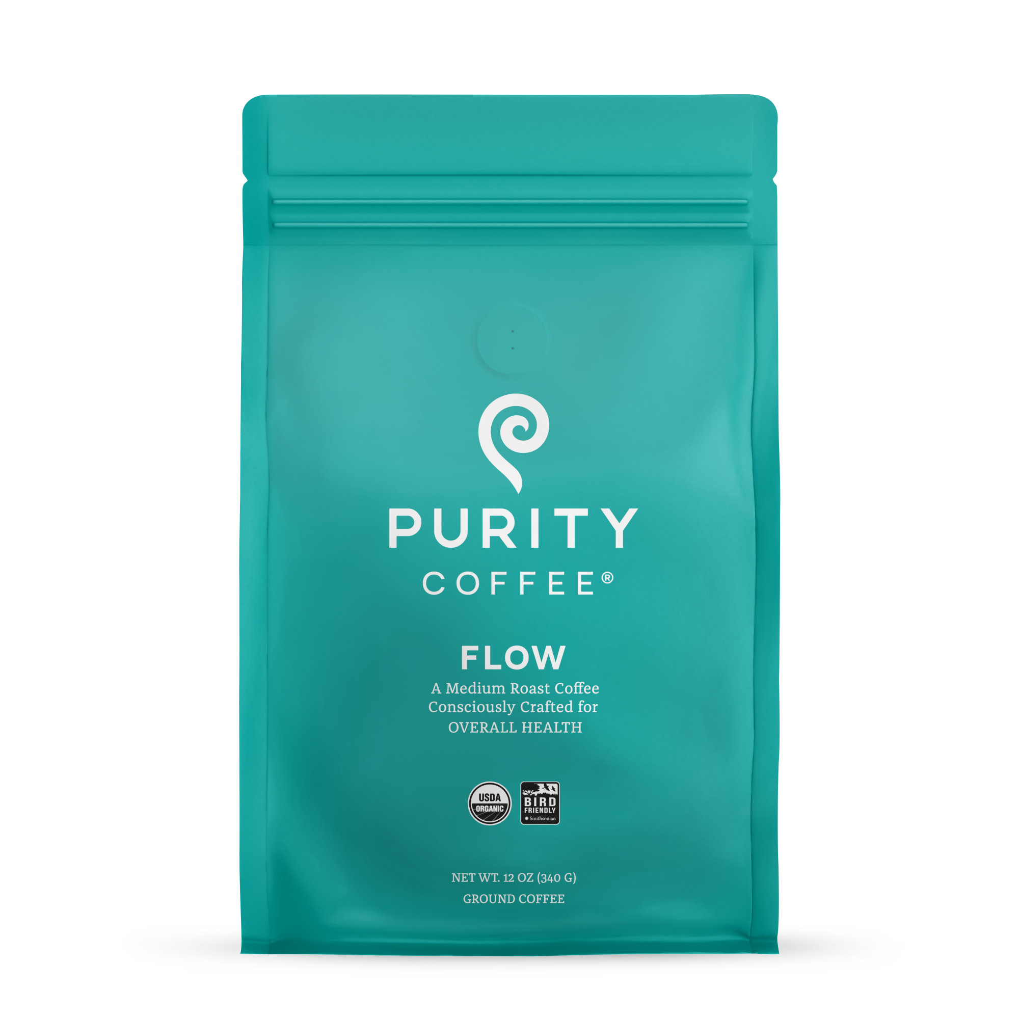 Purity Coffee's teal bag showcases their "Flow" medium roast ground coffee, emphasizing organic and bird-friendly sourcing.
