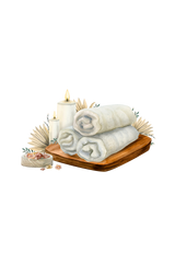 Stylized spa scene features rolled towels, bath salts, and lit candles, promoting relaxation and wellness.
