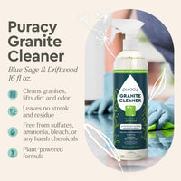 Someone uses Puracy Granite Cleaner to wipe and clean a granite countertop.

