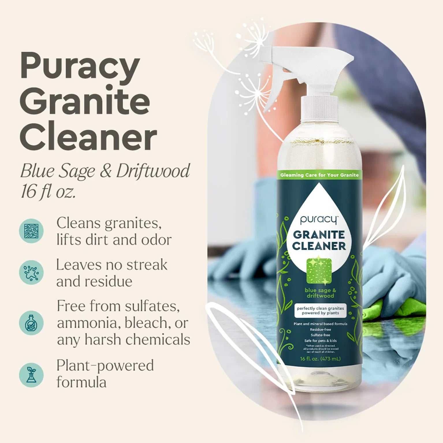 Someone uses Puracy Granite Cleaner to wipe and clean a granite countertop.
