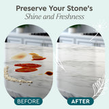 Showcase stone cleaner effectively removes spills and stains from a marble countertop, restoring its shine.
