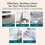 Demonstrates cleaning product effectiveness on granite, marble, slate, tile, and quartz countertops for kitchen and bathroom surfaces.

