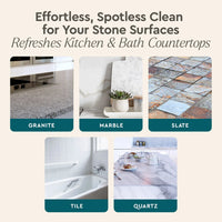 Demonstrates cleaning product effectiveness on granite, marble, slate, tile, and quartz countertops for kitchen and bathroom surfaces.
