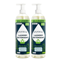 Two bottles of Puracy free and clear laundry detergent promise 64 loads using superplant enzymes.
