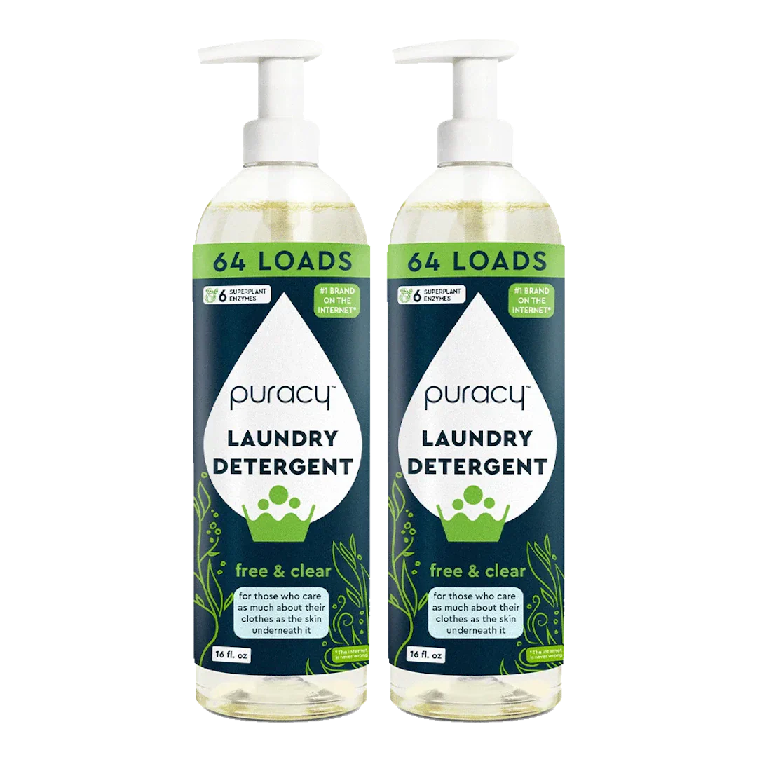 Two bottles of Puracy free and clear laundry detergent promise 64 loads using superplant enzymes.
