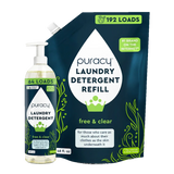 Puracy's free and clear laundry detergent is shown in a 64-load bottle and a 192-load refill bag, highlighting its eco-friendly and skin-sensitive formula.
