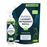 Puracy's free and clear laundry detergent is shown in a 64-load bottle and a 192-load refill bag, highlighting its eco-friendly and skin-sensitive formula.
