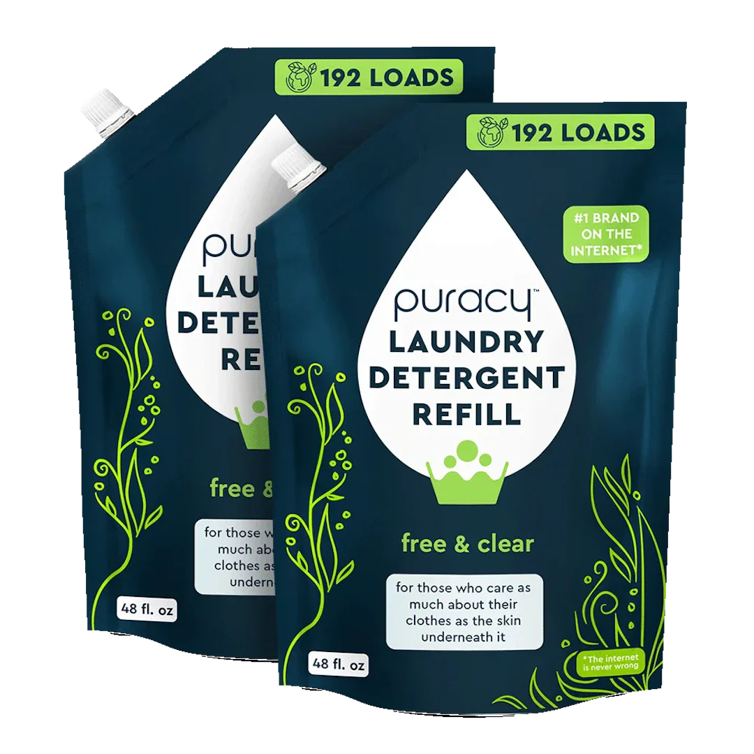Displaying two pouches of Puracy free & clear laundry detergent refill, advertising 192 loads.
