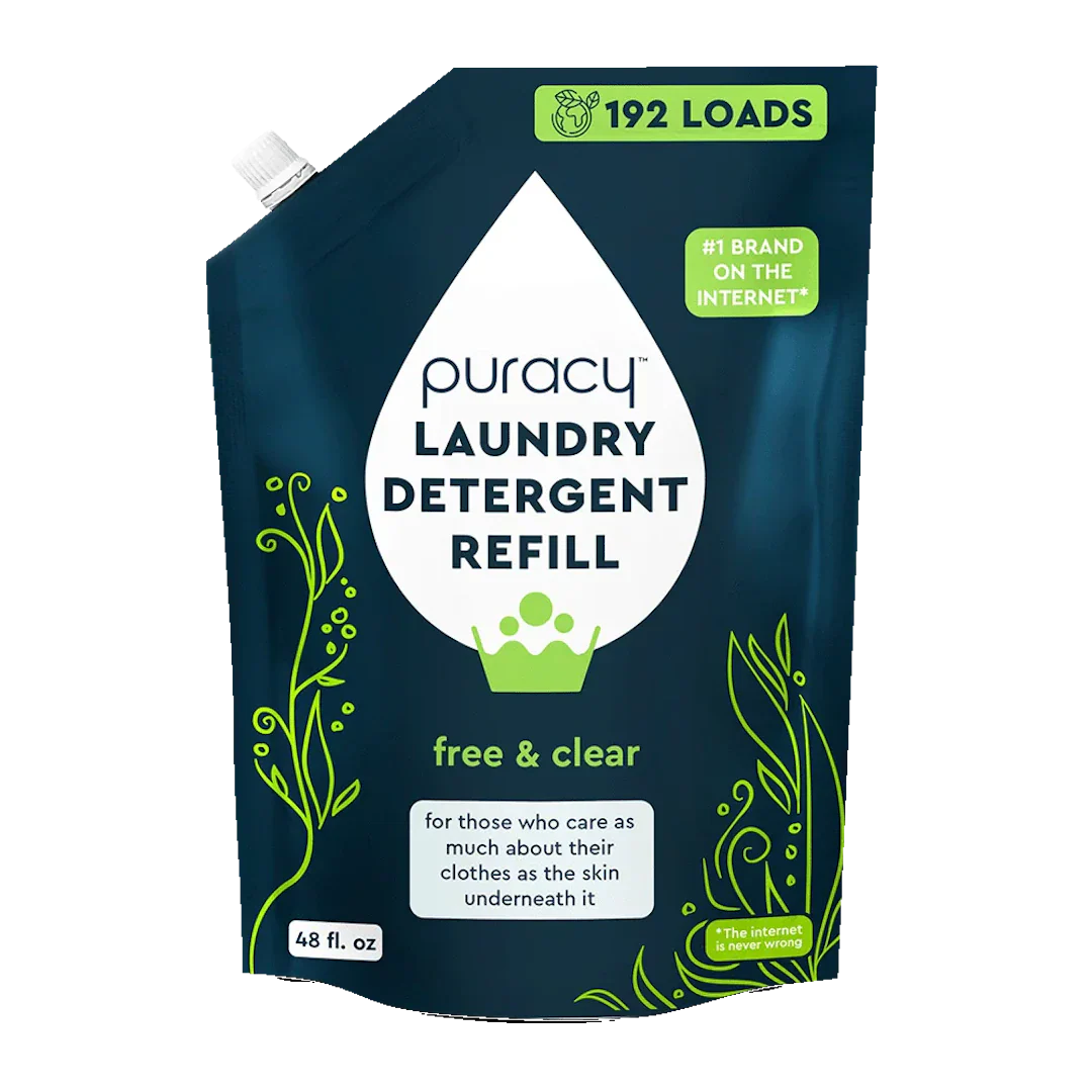 Puracy's free and clear laundry detergent refill pouch promises 192 loads and highlights its #1 brand status online.
