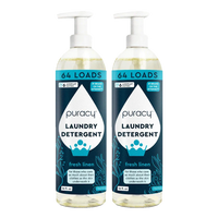 Two bottles of Puracy Fresh Linen laundry detergent promise 64 loads, made with plant-based enzymes.
