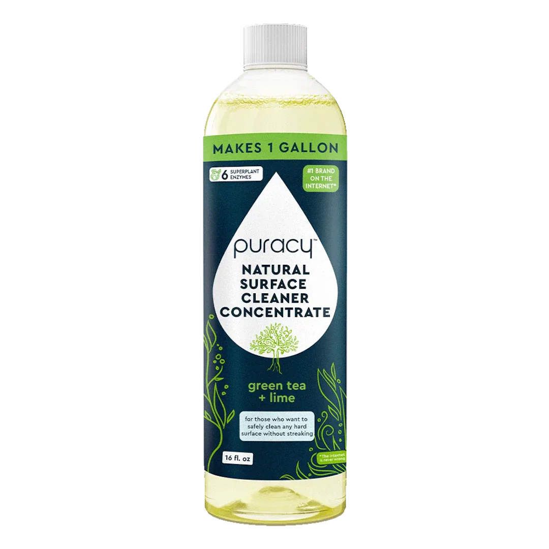 Puracy natural surface cleaner concentrate, infused with green tea and lime, promises streak-free cleaning and makes one gallon of solution.
