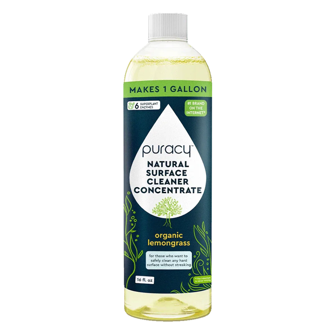Puracy Natural Surface Cleaner Concentrate in an organic lemongrass scent promises streak-free cleaning.
