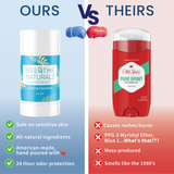 Breathe Naturals deodorant battles Old Spice, highlighting natural ingredients and sensitive skin safety versus rashes and harsh chemicals.
