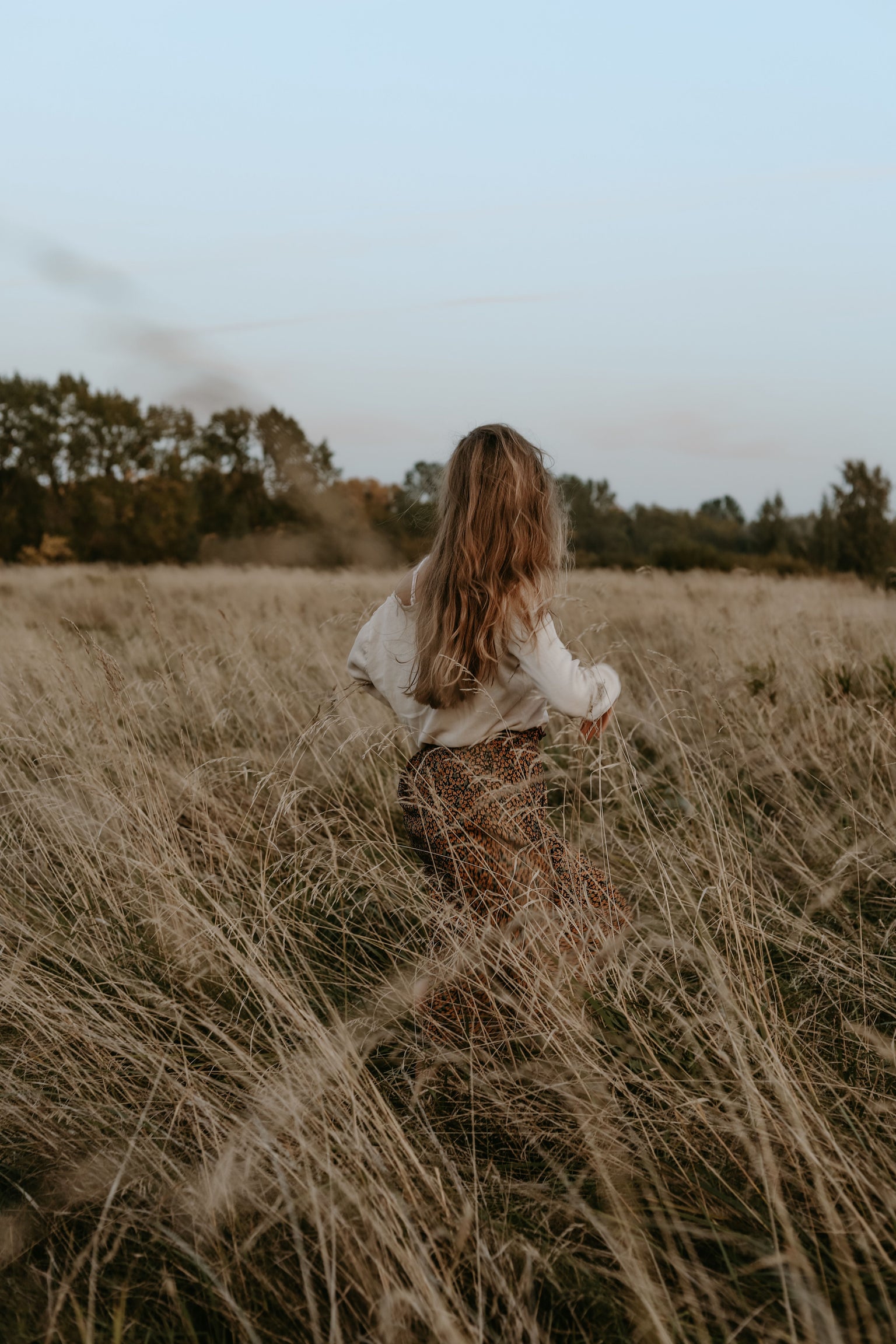 Person walking through a field of tall grass with trees in the background
