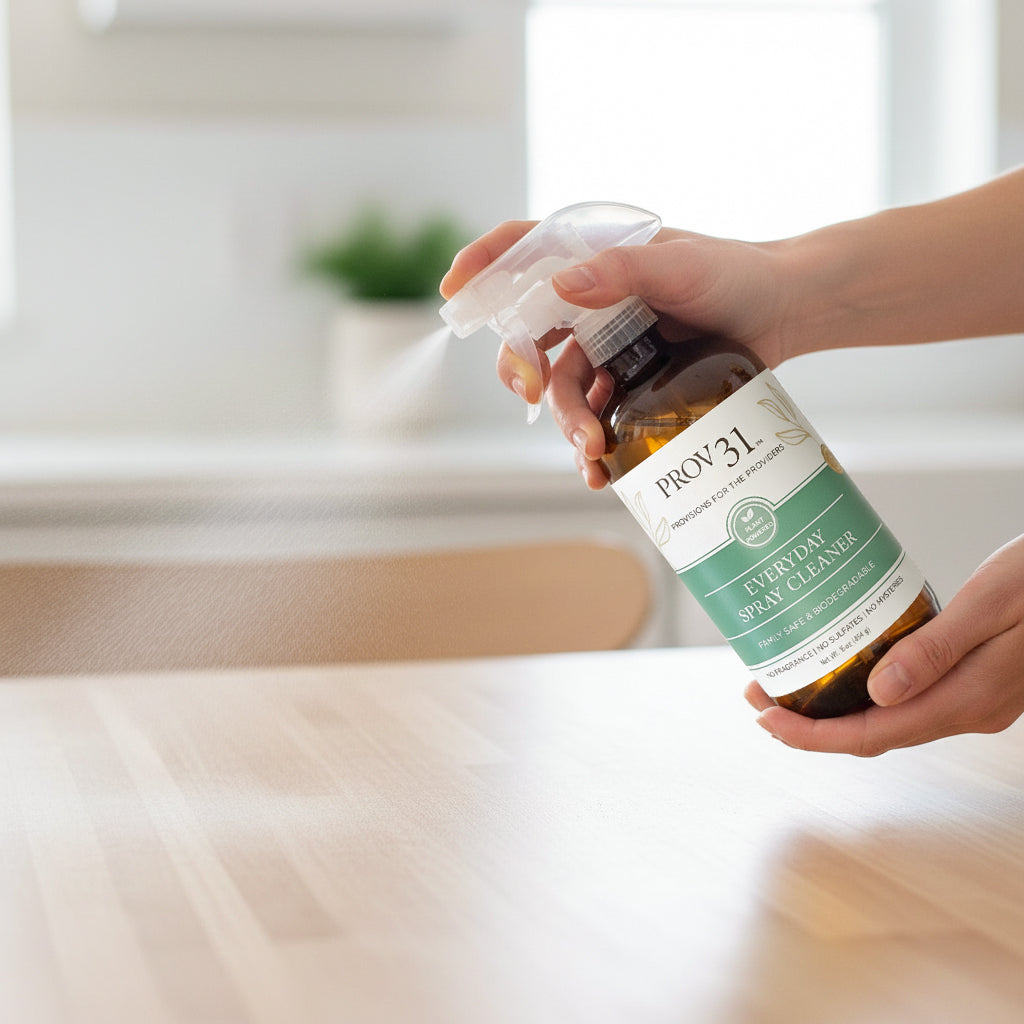 Person holding a bottle of ProV31 Everyday Spray Cleanser with a blurred background