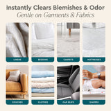 Shows a collection of household items, including linens, bedding, carpets, mattresses, couches, clothes, car seats, and diapers, advertising a product that instantly clears blemishes and odors while being gentle on garments and fabrics.
