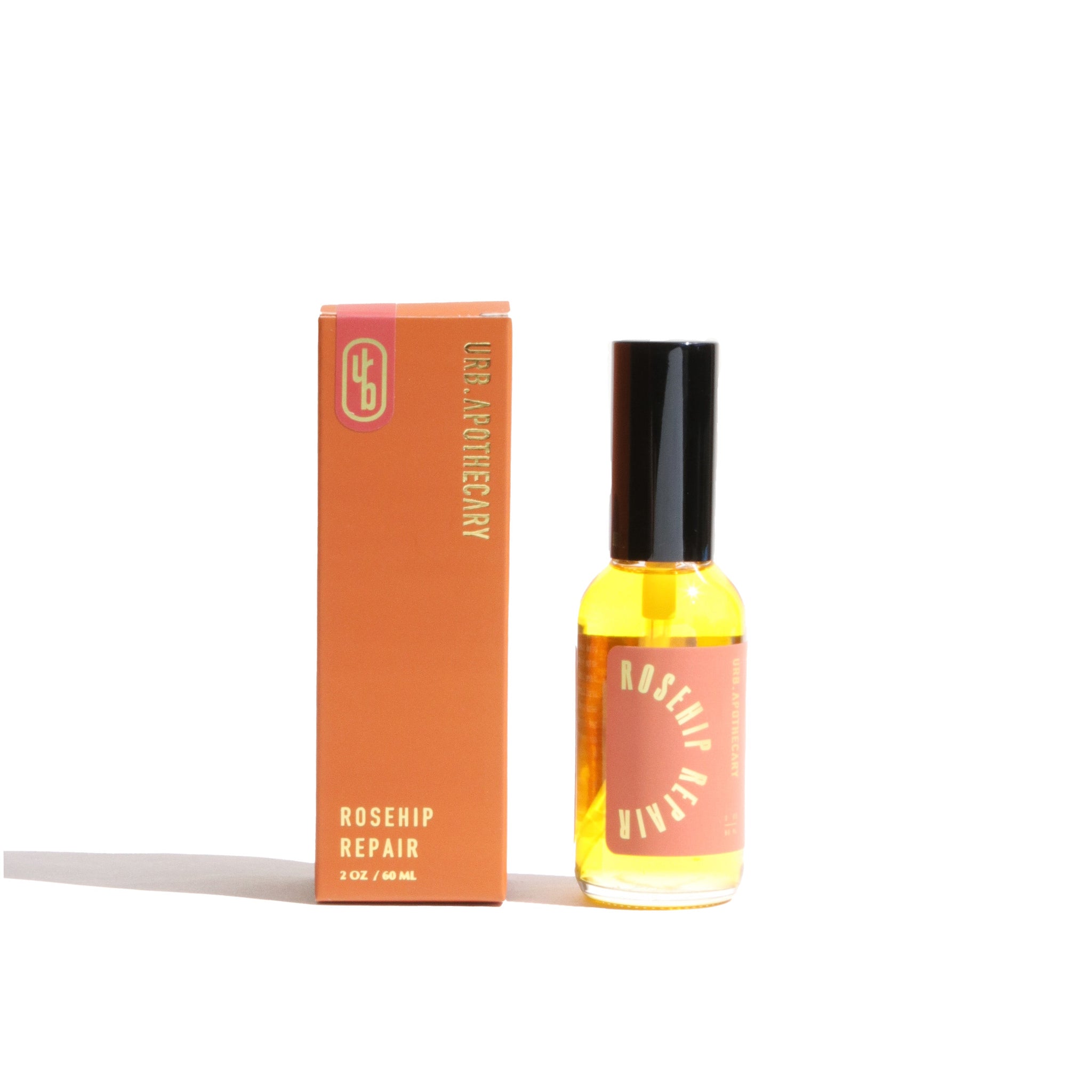 Urb Apothecary promotes its Rosehip Repair facial oil alongside its packaging box.
