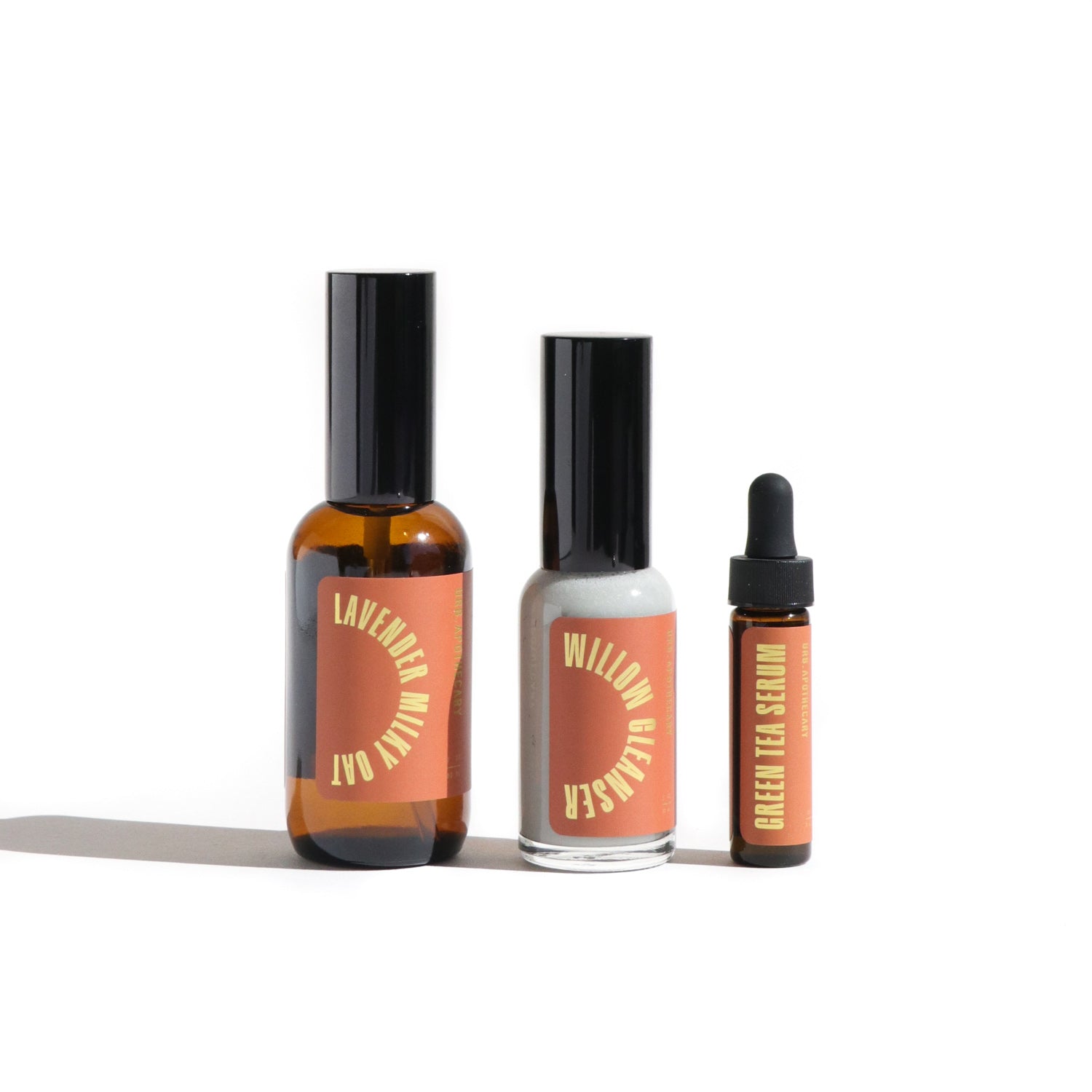 Urs Apothecary skincare products feature: Lavender Milky Oat, Willow Cleanser, and Green Tea Serum in minimalist packaging.
