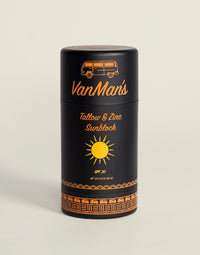 VanMan's Tallow & Zinc Sunblock SPF 20, featuring a vintage van illustration, promises natural sun protection.
