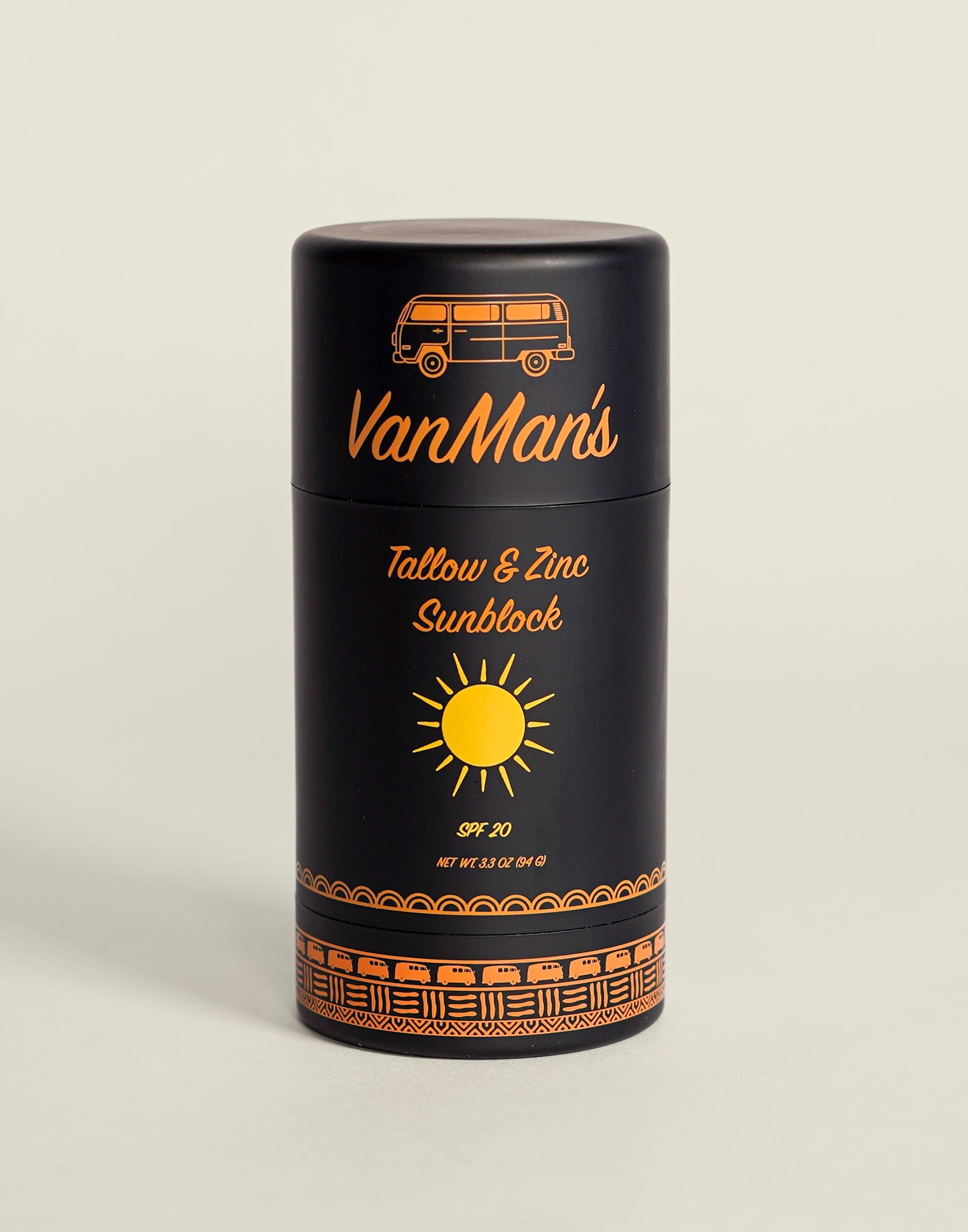 VanMan's Tallow & Zinc Sunblock SPF 20, featuring a vintage van illustration, promises natural sun protection.
