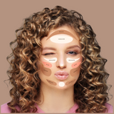 Woman winks while displaying makeup contouring guide with bronzer, blush, and highlighter placement.
